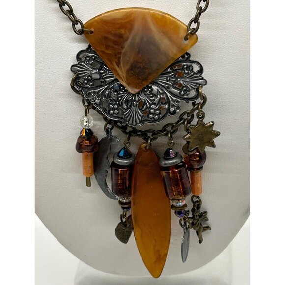 Moon & Stars Necklace Acrylic Steampunk Celestial Charm Gunmetal Chain BoHo Chic - Picture 10 of 16